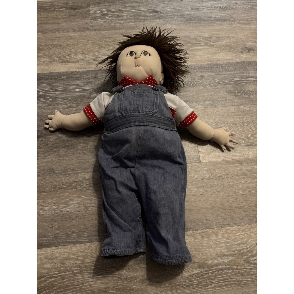 Vintage 80s Handmade Soft Sculpted Cloth Doll 24" Overalls Fabric Art